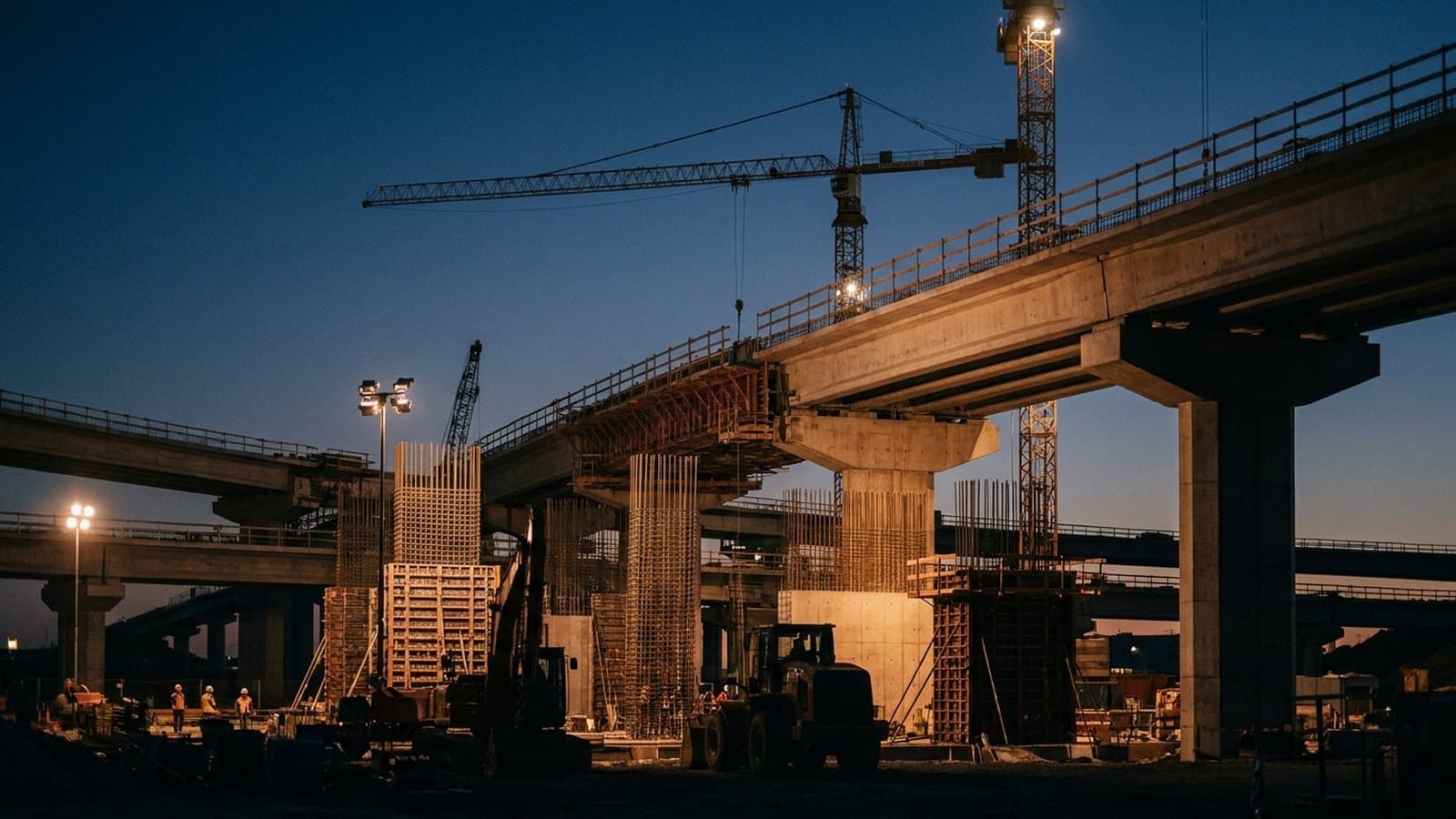 A large civil-infrastructure construction site at dusk — a partially built highway interchange and bridge with cranes and floodlights — representing an engineering and construction firm's project portfolio.