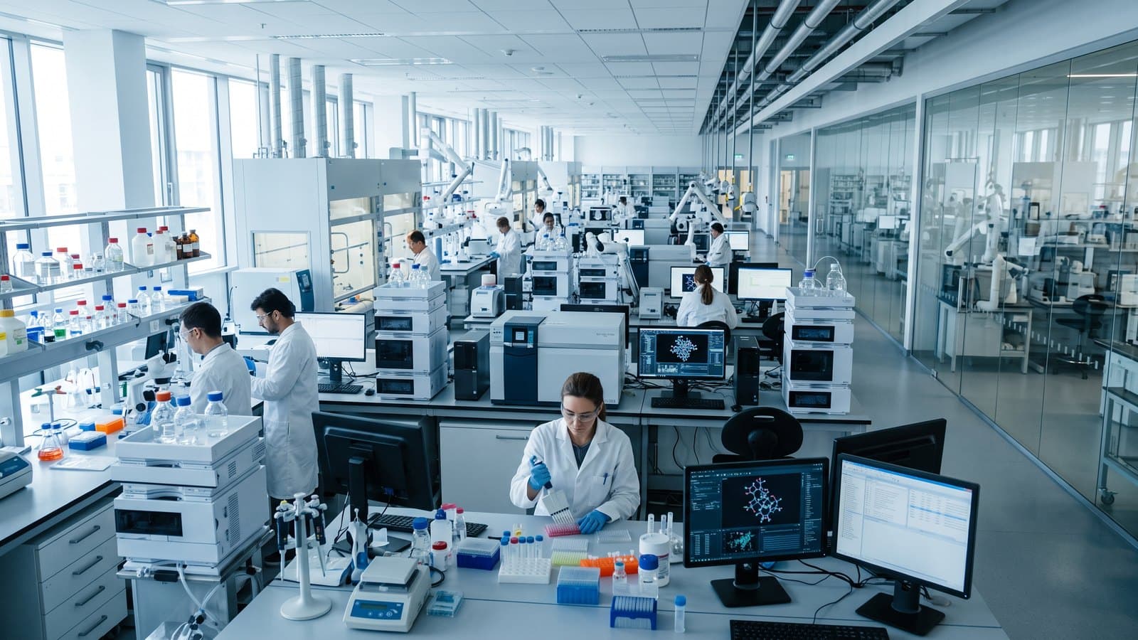 A modern pharmaceutical research laboratory with scientists and rows of analytical equipment, representing Amgen's drug-development pipeline and clinical research.