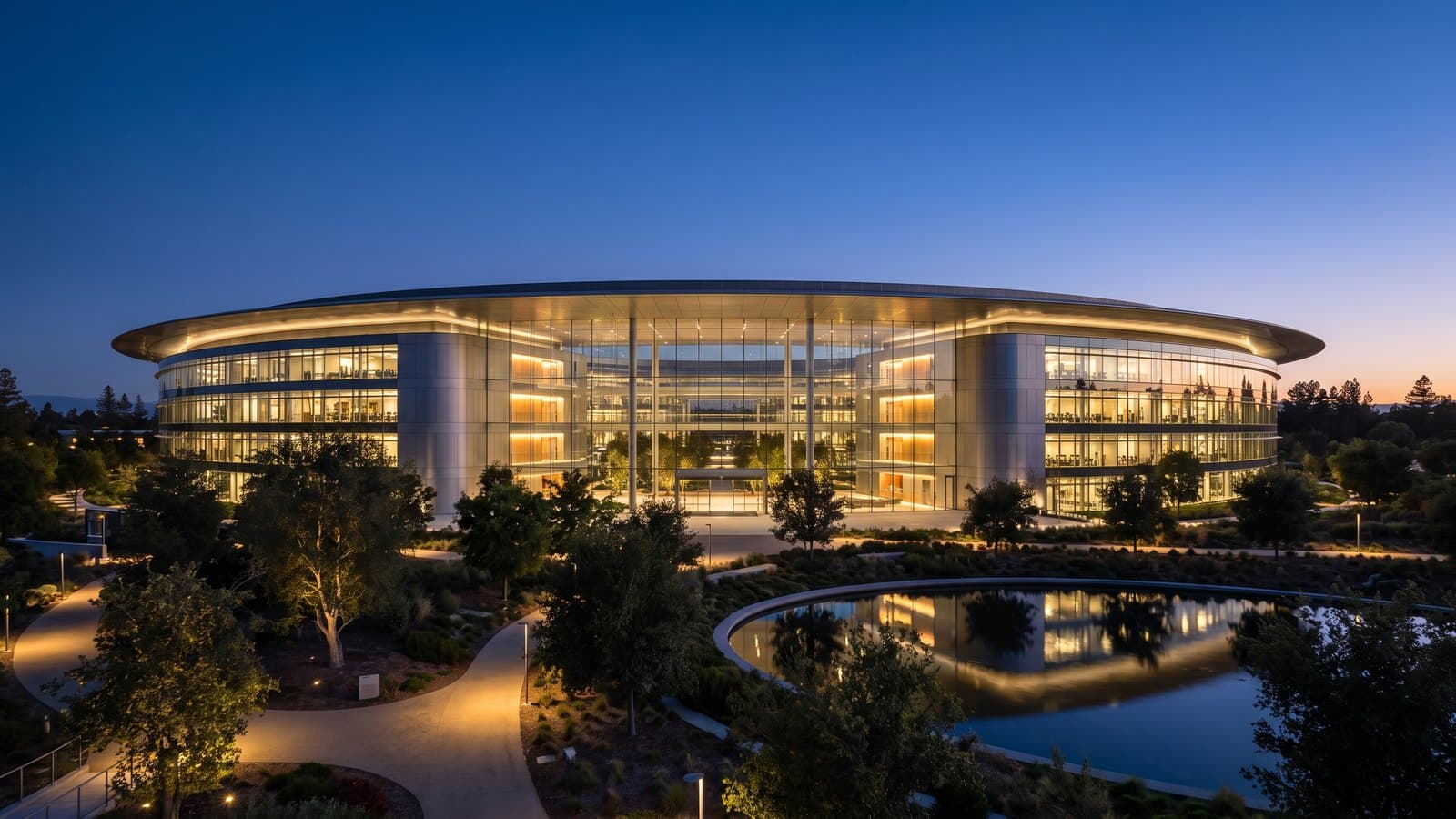 The glass-walled Apple Park ring headquarters in Cupertino, California at dusk, representing Apple's corporate leadership and its upcoming product event.