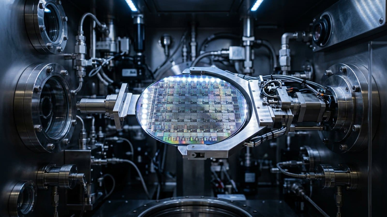Extreme close-up of a polished silicon wafer with mirror-like circuitry patterns held on a robotic handling arm inside a semiconductor process chamber under cool blue lighting, representing Applied Materials' wafer-fabrication equipment business.