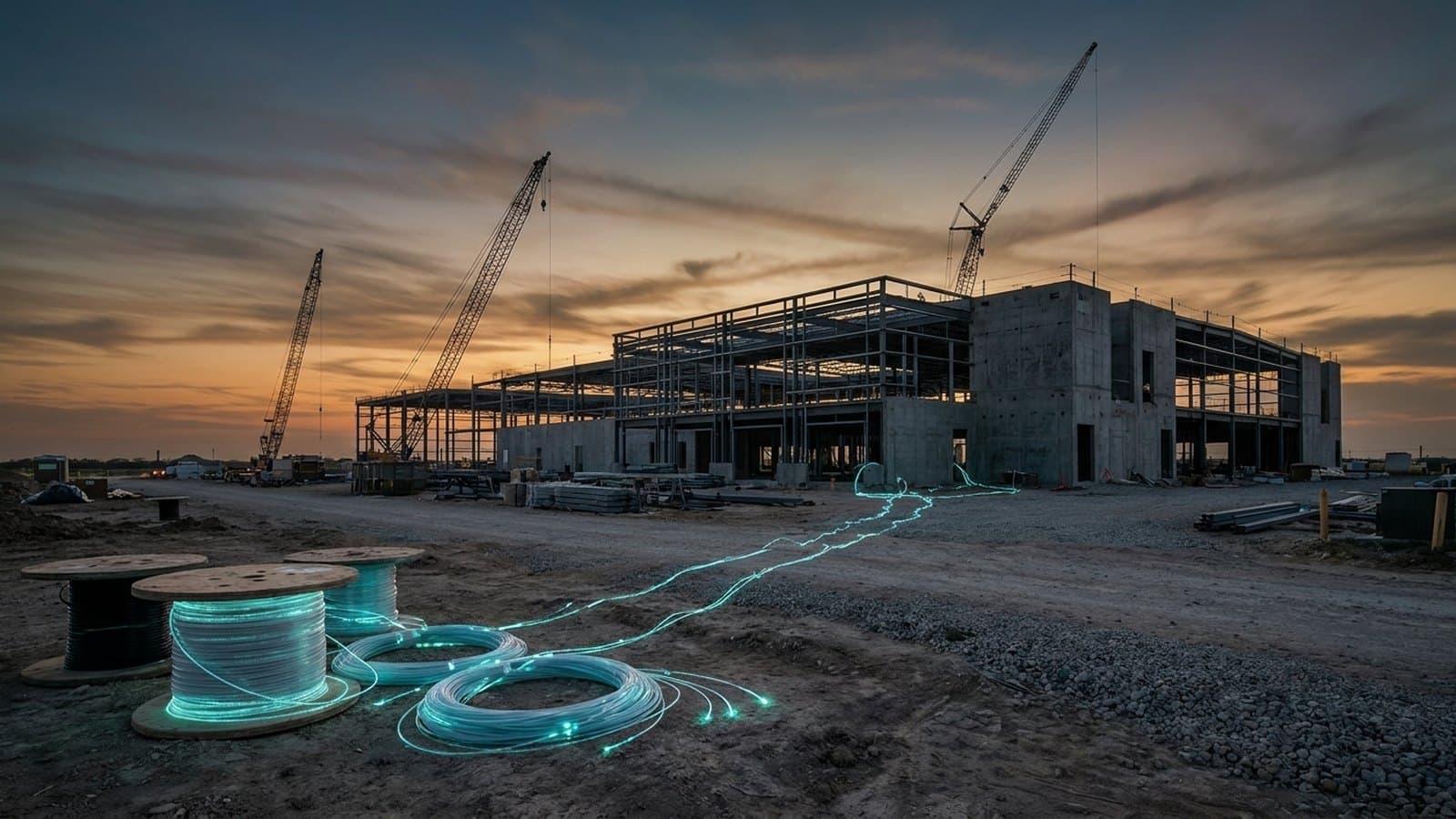 Editorial photograph of a partially built industrial manufacturing facility at dusk with construction cranes, and spools of fiber-optic cable glowing cyan in the foreground