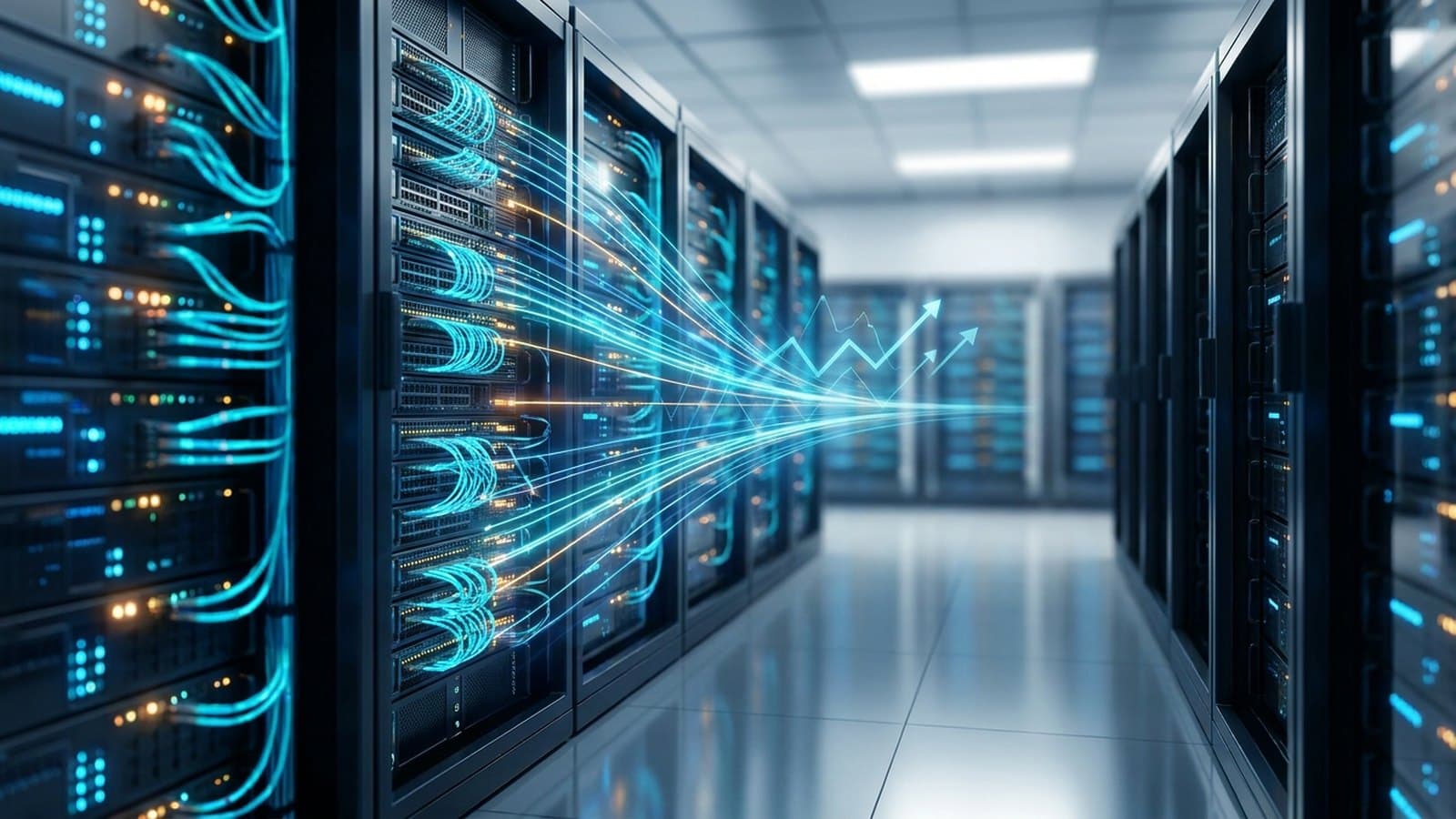Editorial illustration of high-speed data-center network switching for AI infrastructure, with fiber-optic light trails converging on a rack of networking equipment and a subtle rising stock-chart motif