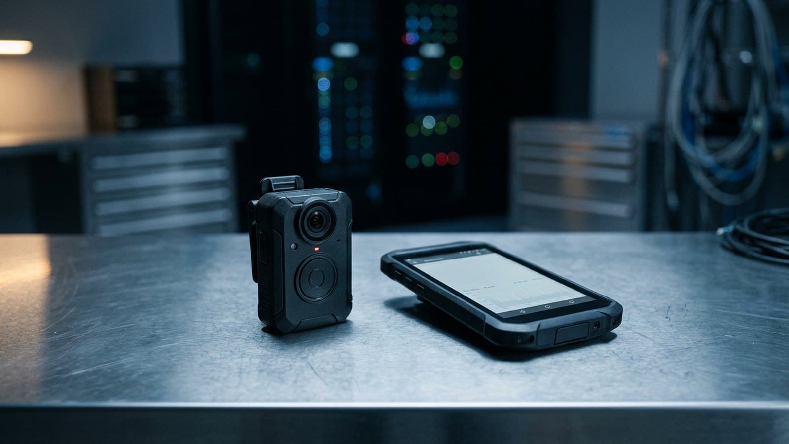 A police body-worn camera and a rugged handheld evidence device on a brushed-steel surface in a dimly lit equipment room, with out-of-focus server lights in the background