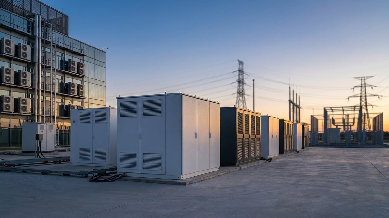 Rows of Bloom Energy-style solid-oxide fuel-cell power modules installed on a concrete pad beside a large data-center building at dusk, with transmission infrastructure in the background, representing on-site power generation for AI data centers.