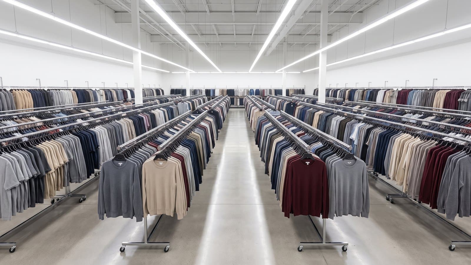 The interior of a bright, busy off-price apparel store with long racks of discounted clothing receding into the distance, evoking Burlington's treasure-hunt retail model.