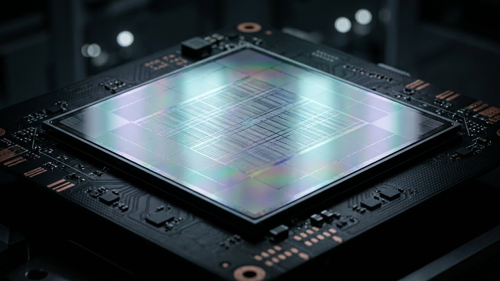 Extreme close-up of a wafer-scale AI processor — a single square silicon chip far larger than a conventional GPU die — held against clean-room lighting, representing Cerebras Systems' wafer-scale engine.