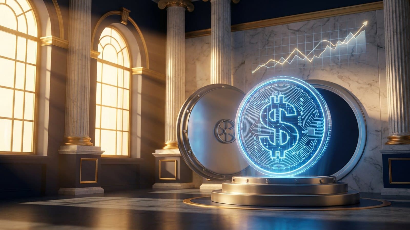 Editorial illustration of a glowing digital dollar coin inside the vault of a neoclassical federal bank, symbolizing a regulated stablecoin entering the traditional banking system