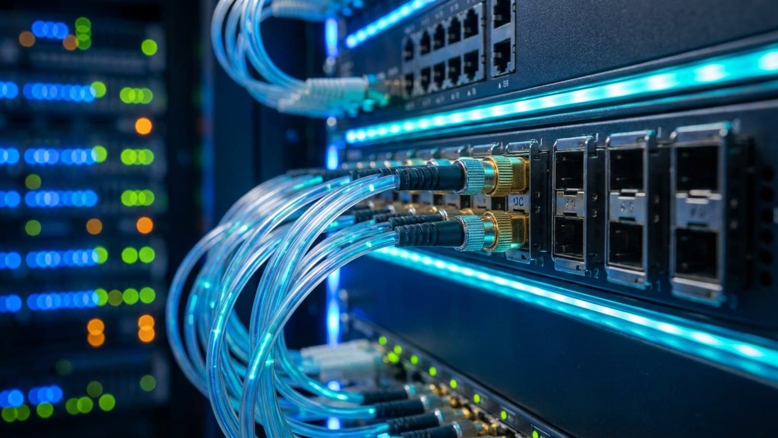 Extreme close-up of glowing optical fibers carrying blue and teal laser light plugging into pluggable optical transceiver modules on a dark data-center networking switch, representing Coherent's optical-connectivity business for AI data centers.