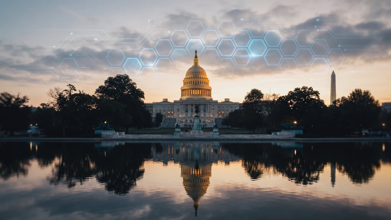 The U.S. Capitol and a stylized digital-asset motif at dawn, representing U.S. cryptocurrency regulation and the market's reaction in crypto exchange stocks like Coinbase.