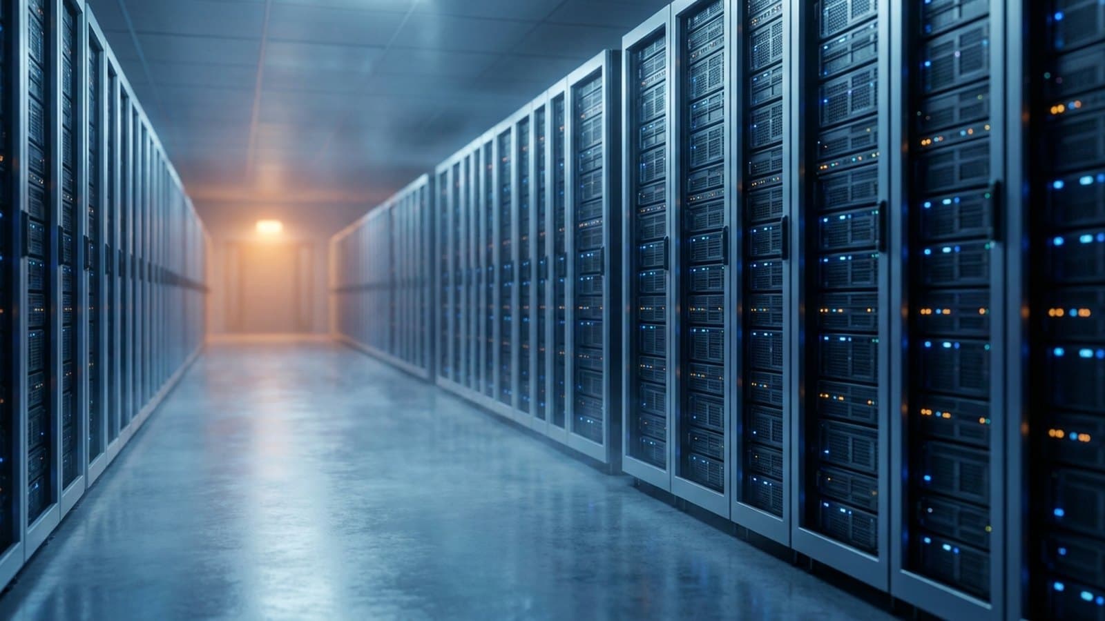 Long cold aisle of a modern GPU data center with dense server racks and indicator lights receding toward a warm light at the far end, illustrating CoreWeave's AI cloud infrastructure and its 19.23% share-price gain on August 3, 2026