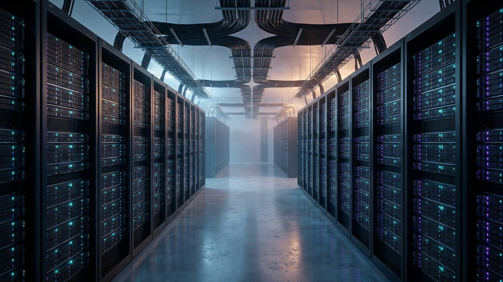 Rows of illuminated GPU server racks receding down a cold aisle in a large AI data center, with overhead cable trays — representing CoreWeave's compute capacity build-out.
