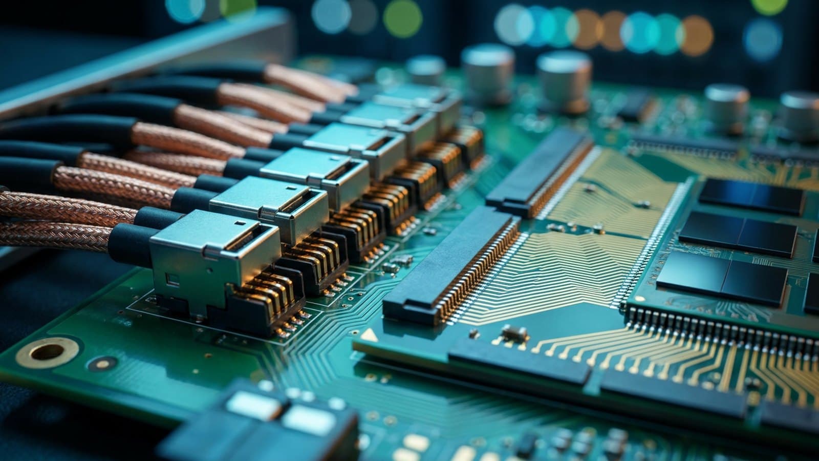 Close-up of high-speed copper and optical interconnect cables and connectors on an AI server backplane, representing data-center connectivity between compute and memory.