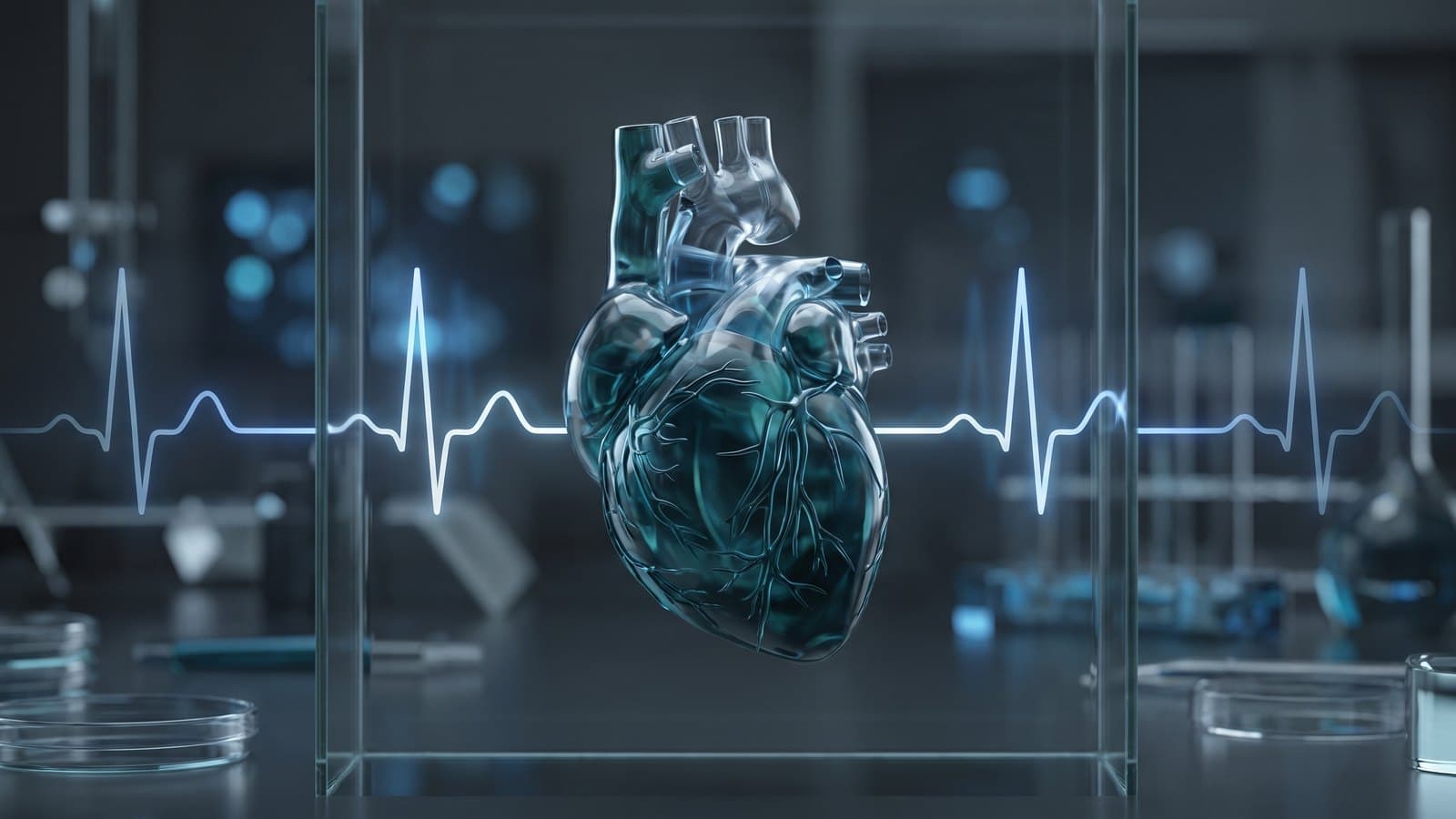An abstract scientific image of a stylized human heart with a glowing electrocardiogram waveform, evoking cardiovascular drug development and clinical research.