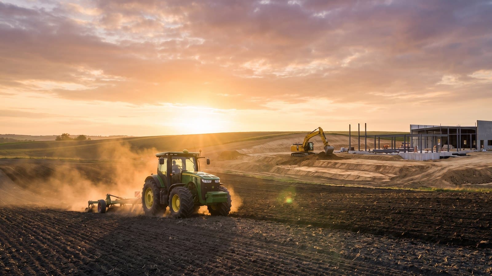 A large modern agricultural tractor working a field at golden hour, with a construction excavator visible in the background, representing Deere's farm-machinery and construction-equipment businesses.