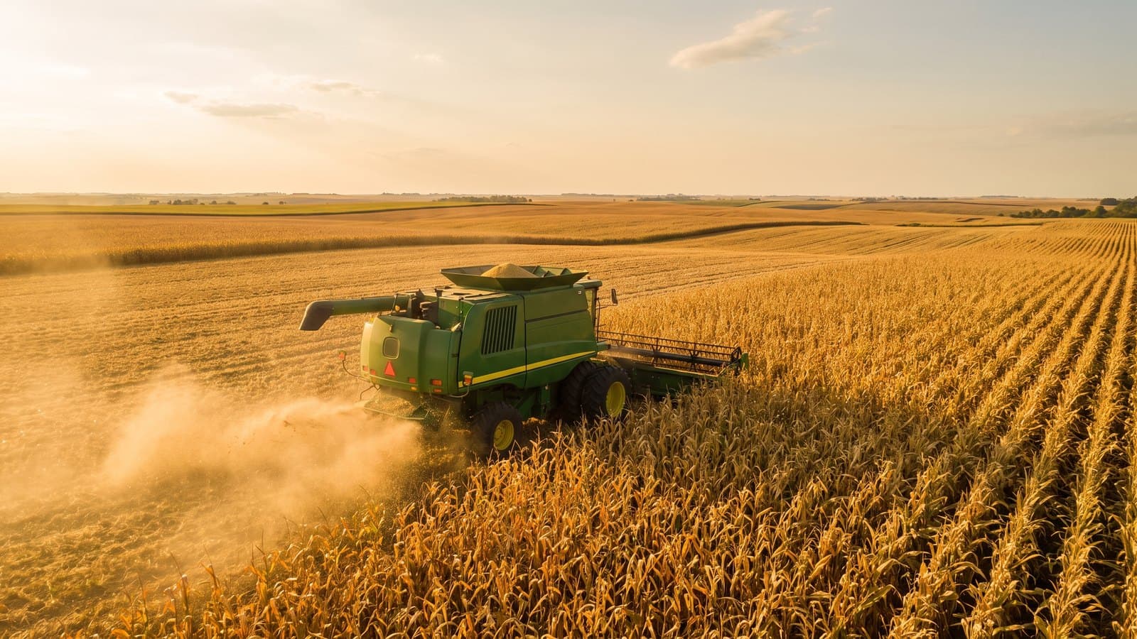 A large green combine harvester working through a golden field of ripe corn at harvest under a clear sky, representing Deere's agricultural-equipment business.