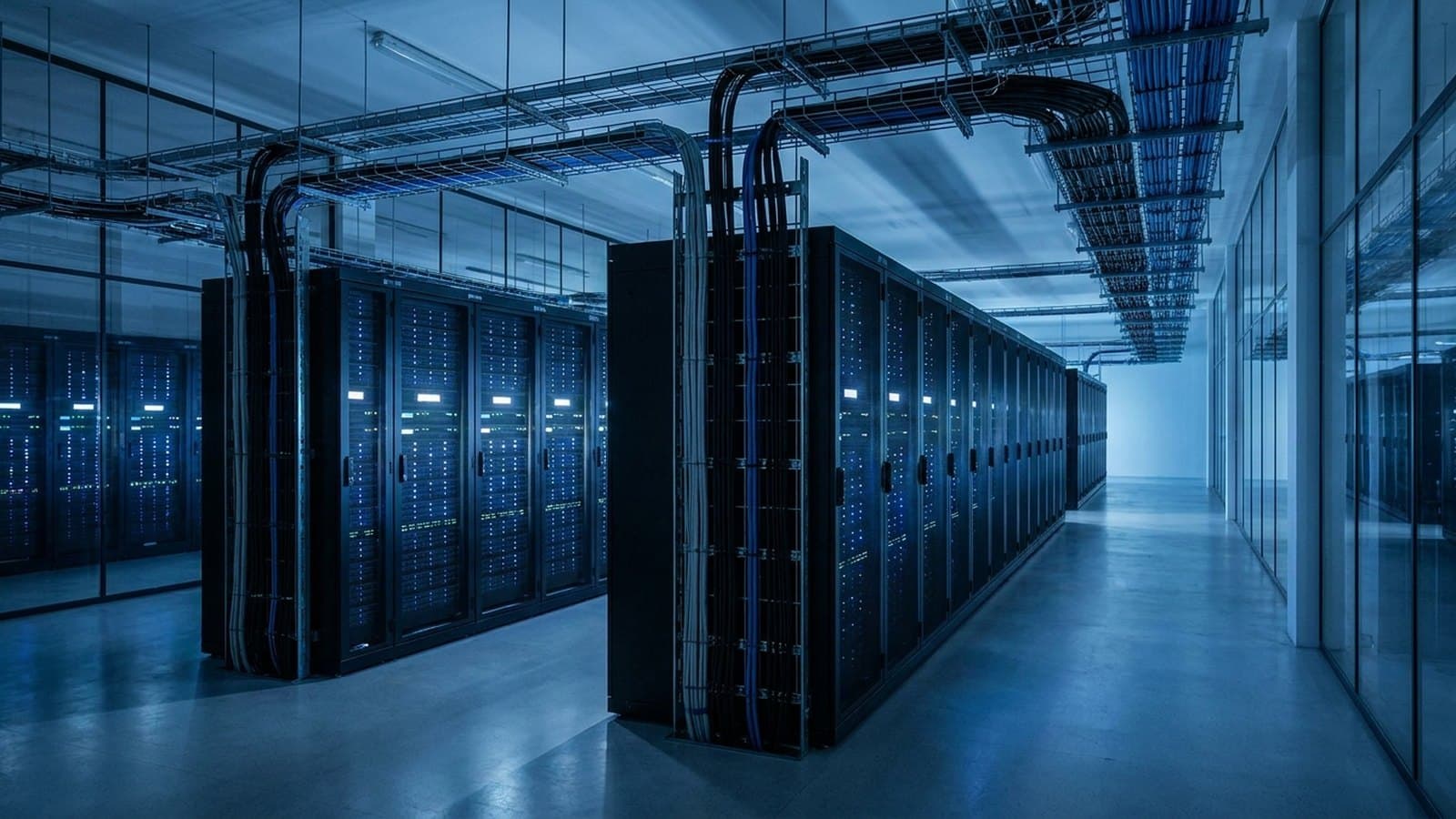 Rows of black AI server racks in a modern data center, glowing with blue status lights, with fiber-optic cabling running between them, representing Dell's AI-server hardware business.