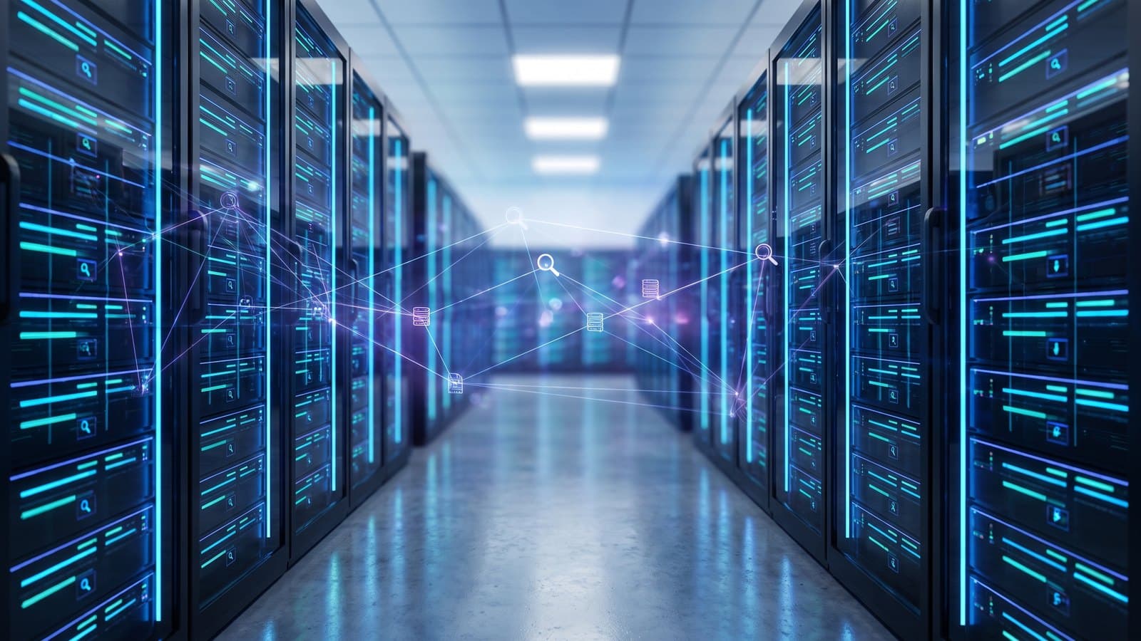 A softly lit data-center server aisle with a glowing abstract search-and-network motif overlaid, representing Elastic's search, observability and AI-data platform.