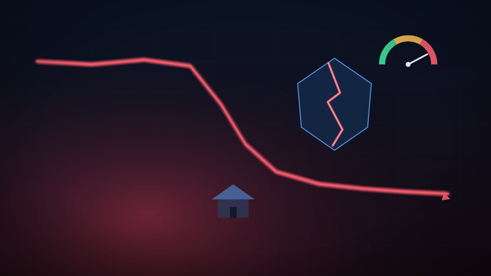 An abstract visualization of a sharply declining stock chart over a fracturing shield and mortgage-and-credit-score motifs in deep blue and red tones, representing Fair Isaac's crash as regulators put a rival credit score on equal footing.