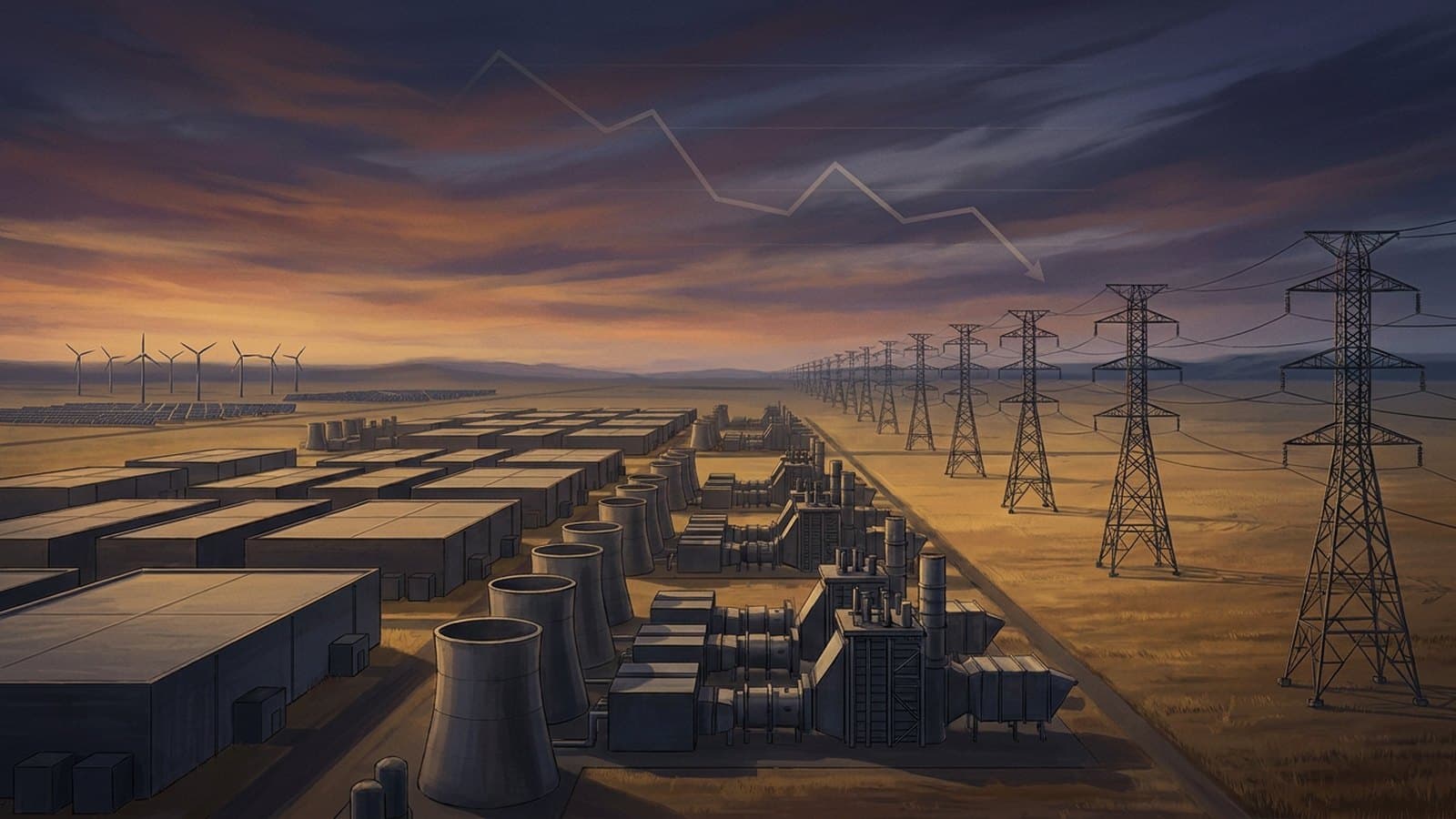 Editorial illustration of an AI data-center power campus at dusk — transmission lines, gas turbines and a cooling-tower skyline — with a subtle falling stock-chart motif