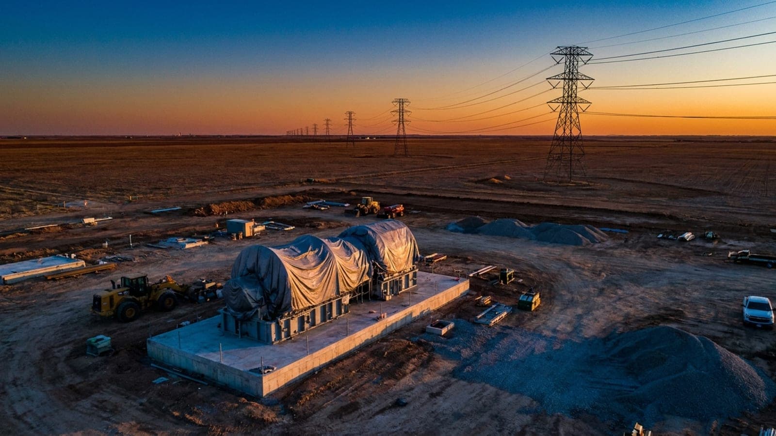 High-voltage transmission infrastructure beside a natural gas turbine installation on the Texas plains at dusk, illustrating the Fermi Inc. share-price decline of July 31, 2026 at its pre-revenue AI power campus