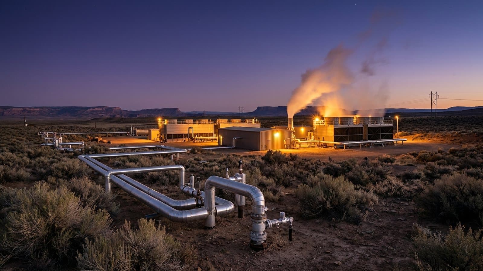 A geothermal power facility at dusk with steam rising from wellhead pipework and turbine housings against arid high-desert terrain, representing Fervo Energy's Cape Station development.