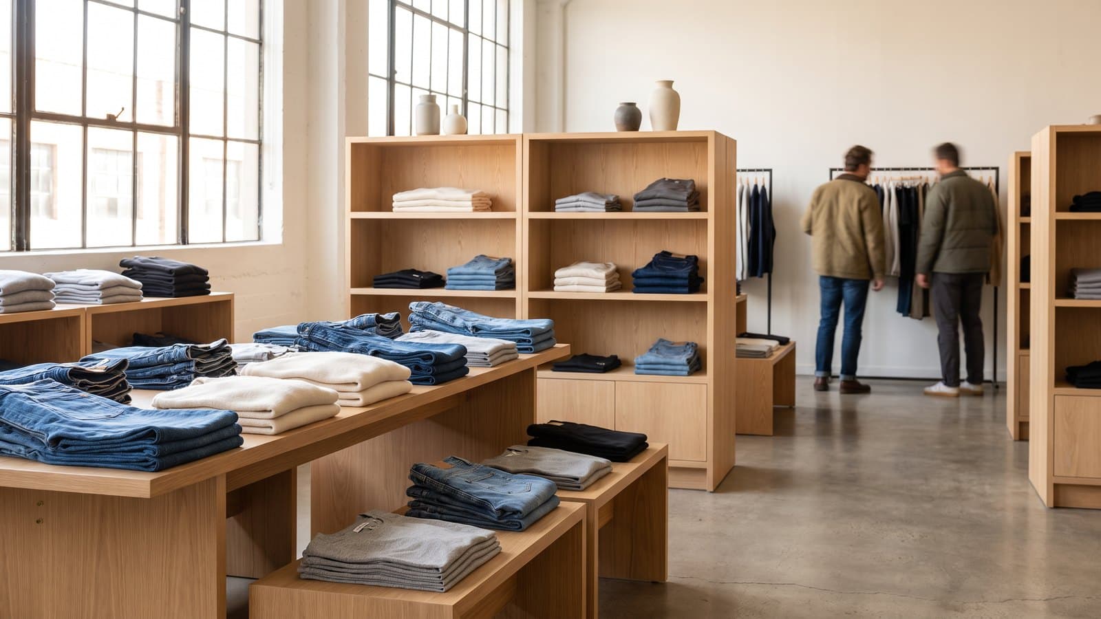 A bright, modern apparel store interior with neatly folded denim and casual clothing on display tables, representing Gap Inc.'s brand portfolio and its margin-led turnaround.