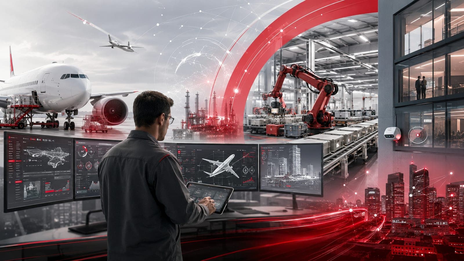 Split-screen industrial composite in Honeywell red and grey: an airliner and jet engine for the spun-off aerospace business on the left, and robotic factory automation with analytics dashboards for Honeywell Technologies on the right.