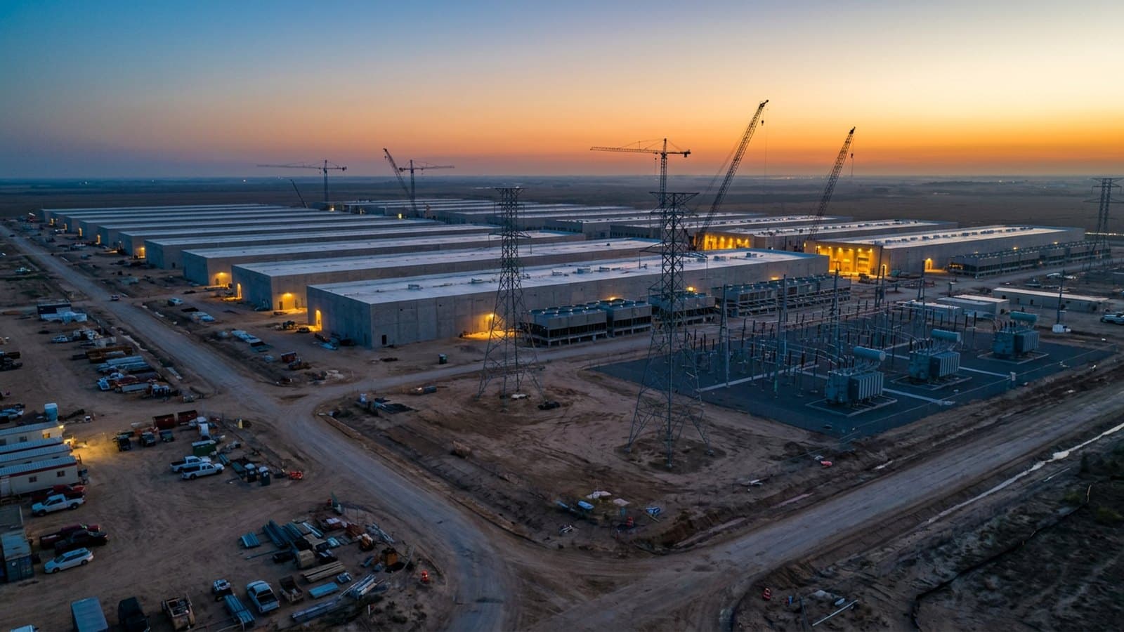 A large AI data center campus under construction on the Texas coastal plain at dusk, illustrating Hut 8's second $9.8 billion Beacon Point lease that drove the stock up about 11% on July 20, 2026