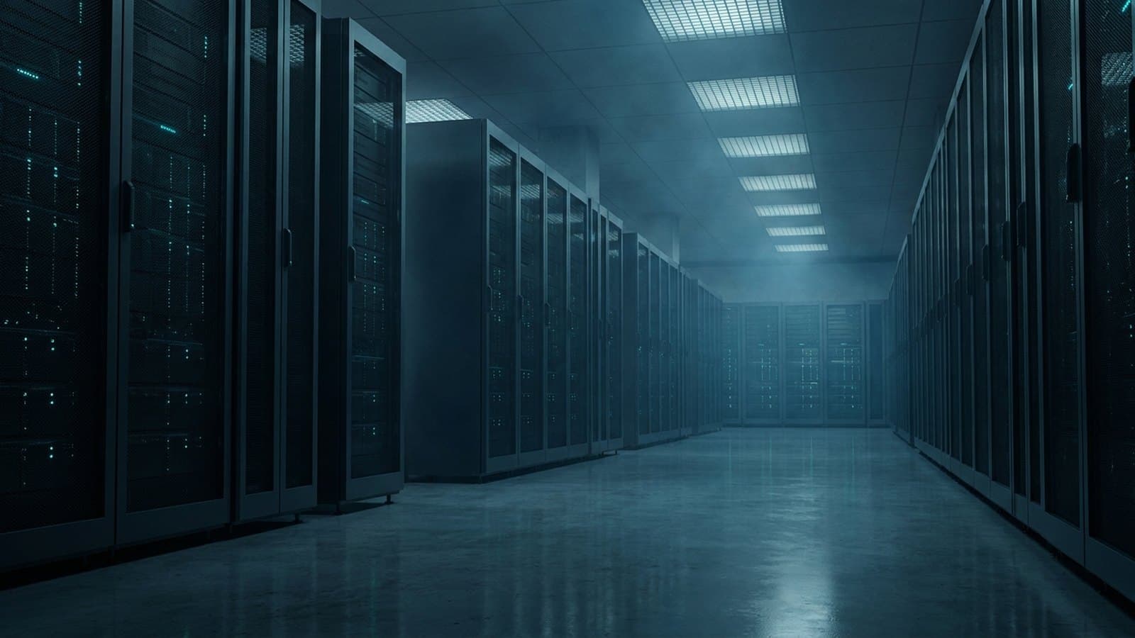 Editorial illustration of a dimly lit enterprise mainframe and server hall in a cool blue palette, evoking a sharp decline in enterprise technology spending