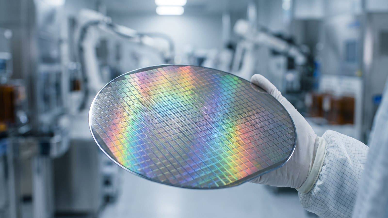 A close-up of a silicon semiconductor wafer with intricate microchip circuitry reflecting rainbow light, representing advanced chip manufacturing and lithography.