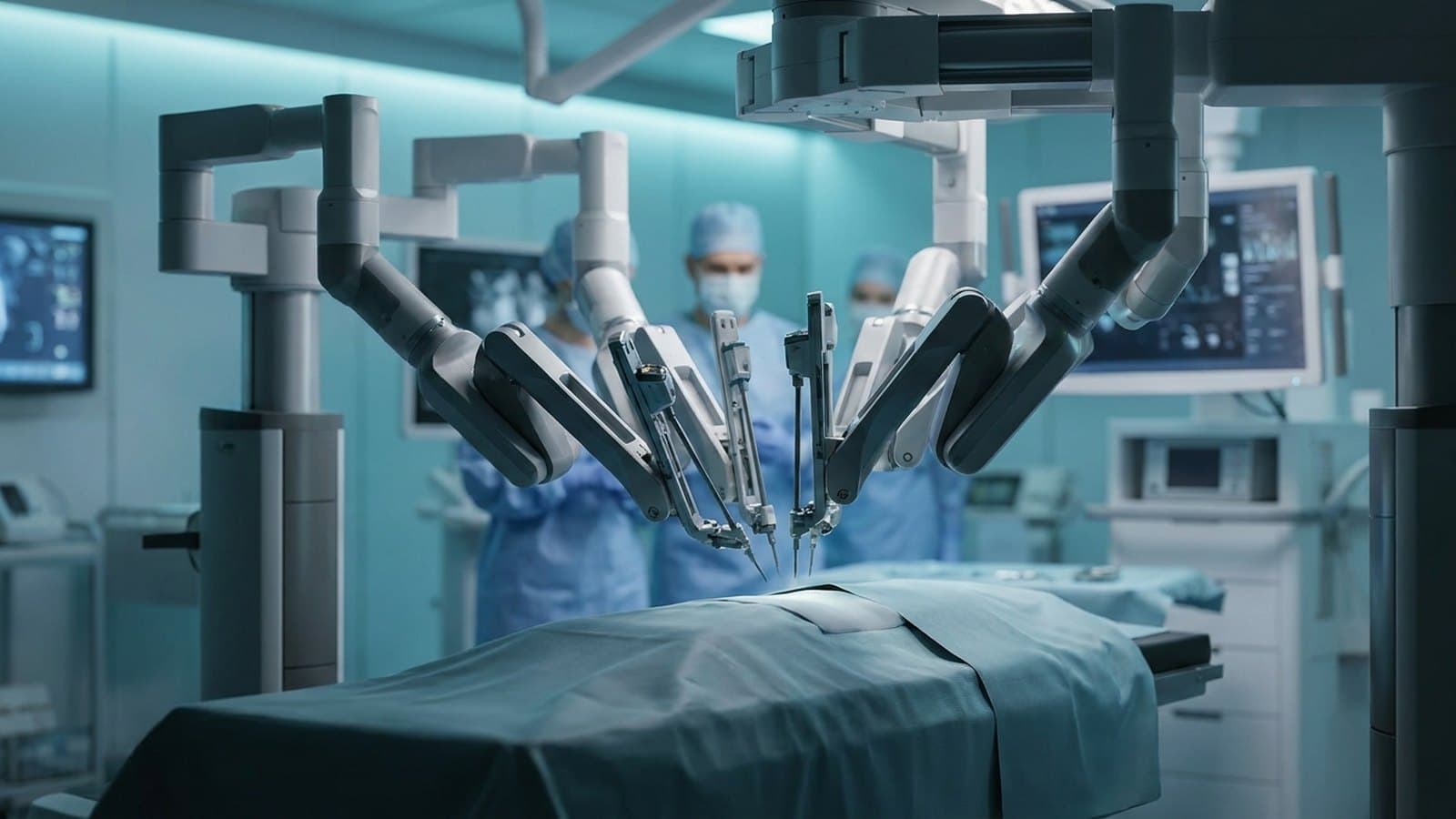 A robotic surgical system in a modern operating room, illustrating Intuitive Surgical's July 2026 selloff after weak da Vinci procedure-growth guidance