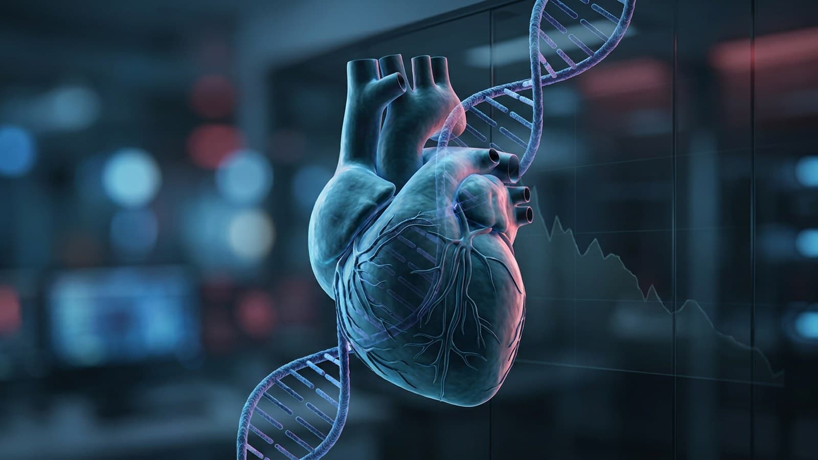 Editorial illustration of cardiovascular clinical research and cardiac amyloidosis drug development, with a stylized human heart, DNA/RNA strands, and a subtle falling stock-chart motif