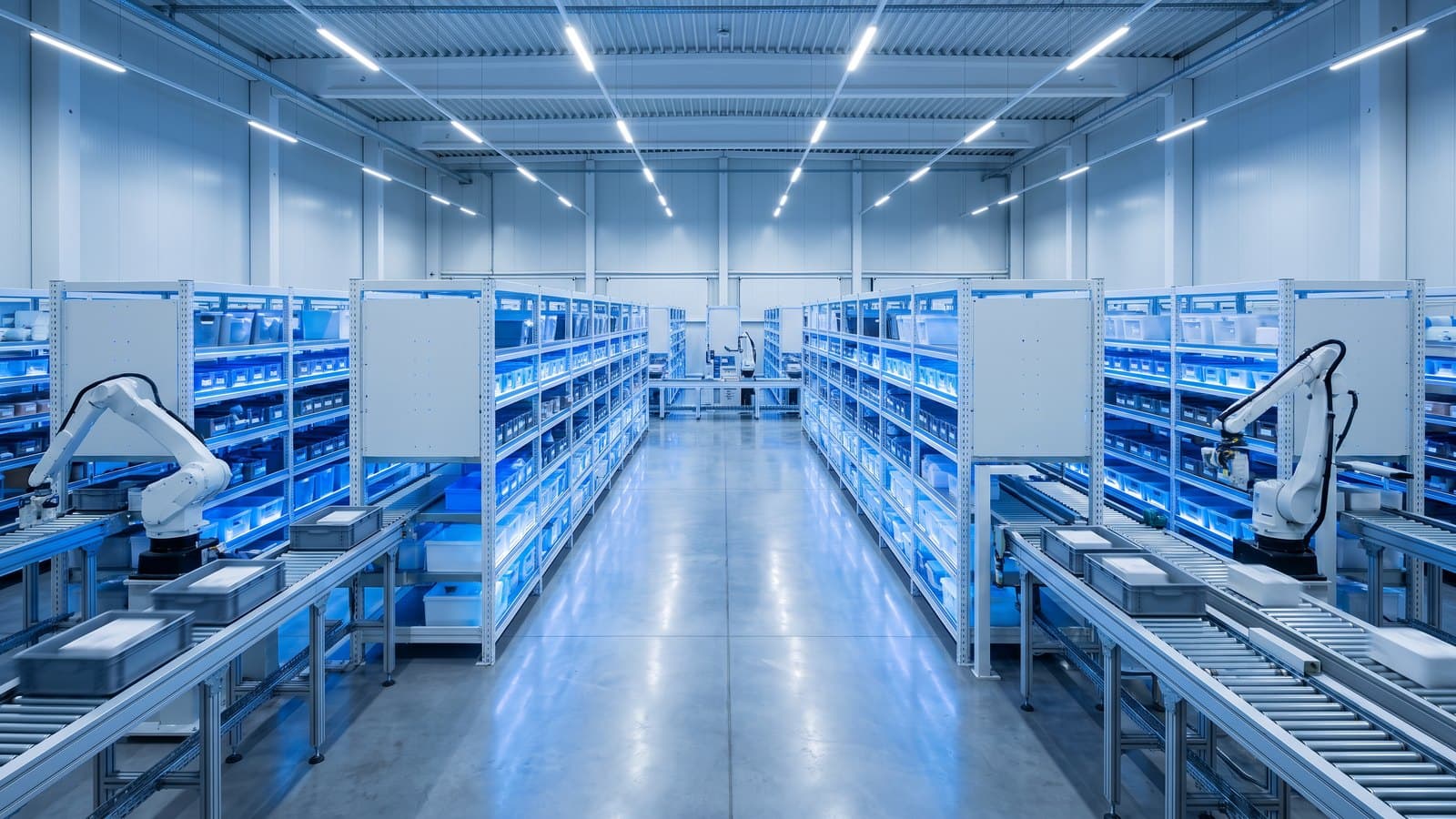 The interior of a modern automated pharmaceutical distribution warehouse with long aisles of medicine storage and robotic handling systems, representing McKesson's drug-distribution business.