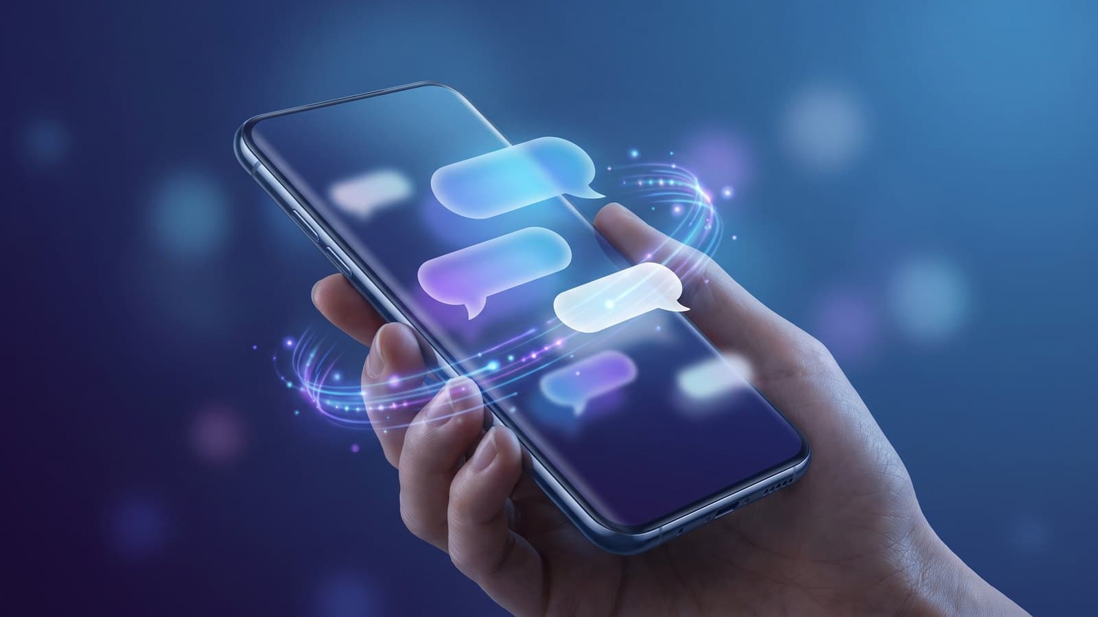 An abstract visualization of a personal AI assistant interface with glowing conversational elements on a smartphone against a deep blue background, representing Meta's Muse AI agent.