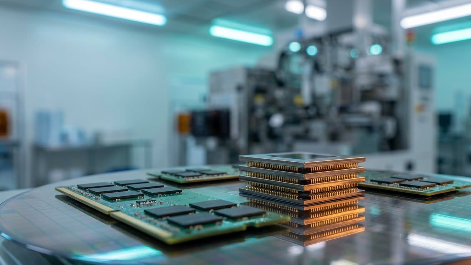 DRAM memory modules and high-bandwidth memory stacks on a semiconductor wafer, illustrating the Micron selloff of July 31, 2026 driven by concern over the timing of peak memory margins