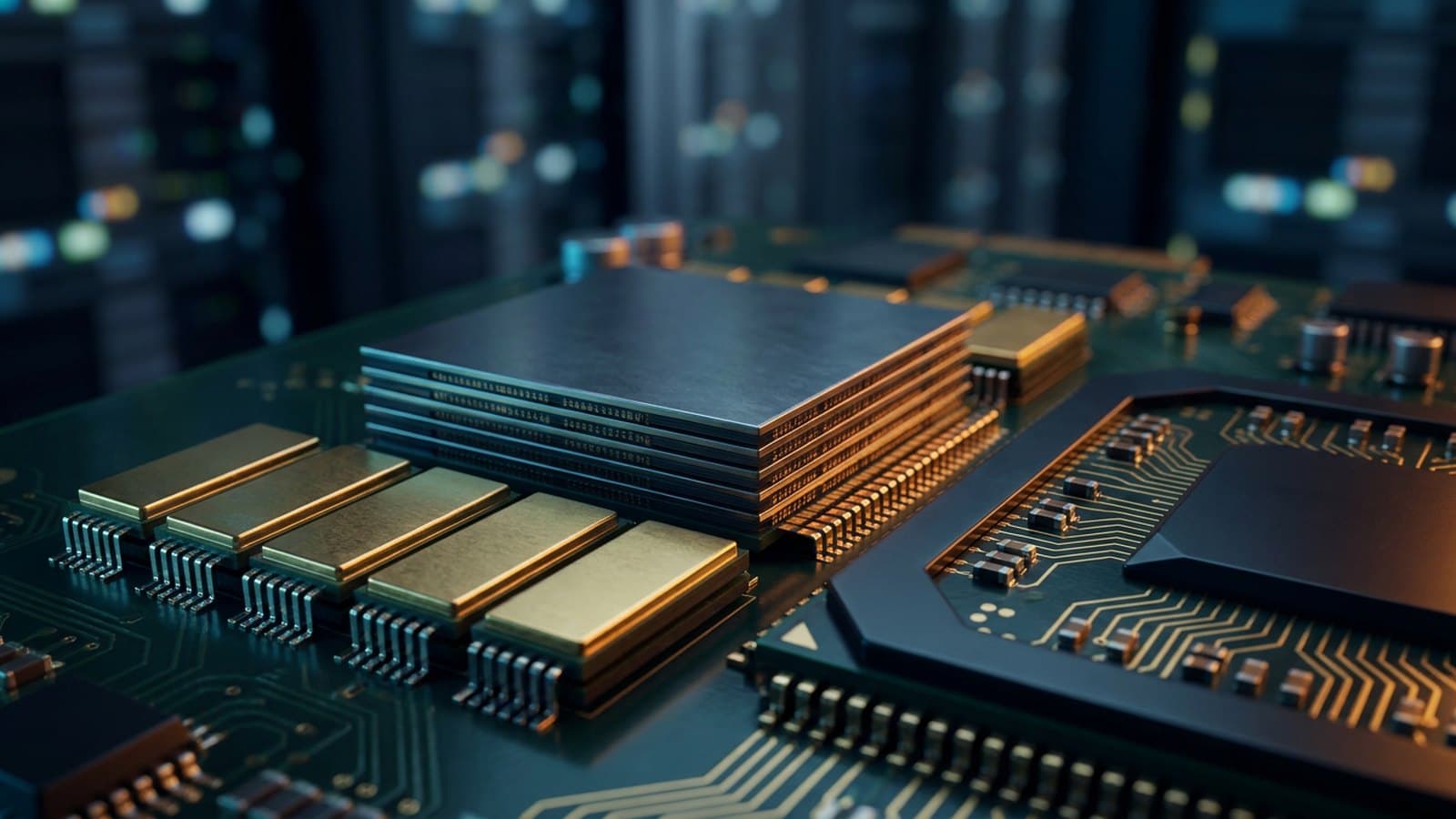 Extreme close-up of a high-bandwidth memory (HBM) stack of DRAM dies mounted beside a large AI accelerator processor on a dark server board, with fine gold bonding wires under warm and cool lighting, representing Micron's memory business.