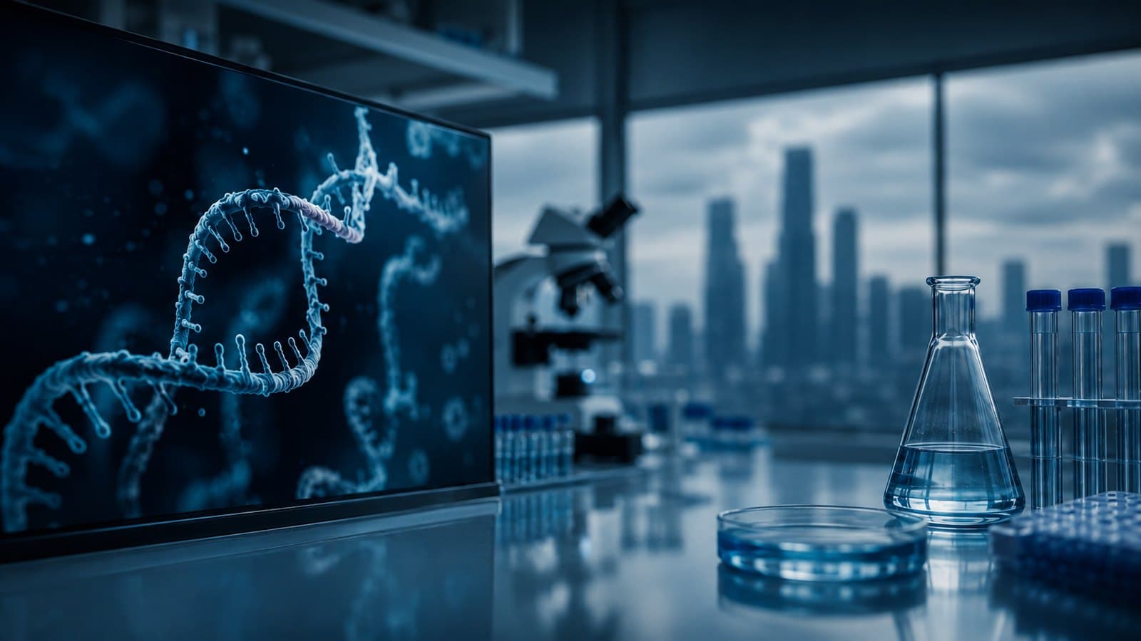Editorial illustration of an abstract mRNA strand in a cool clinical blue-teal palette, evoking a biotech research theme during a market pullback