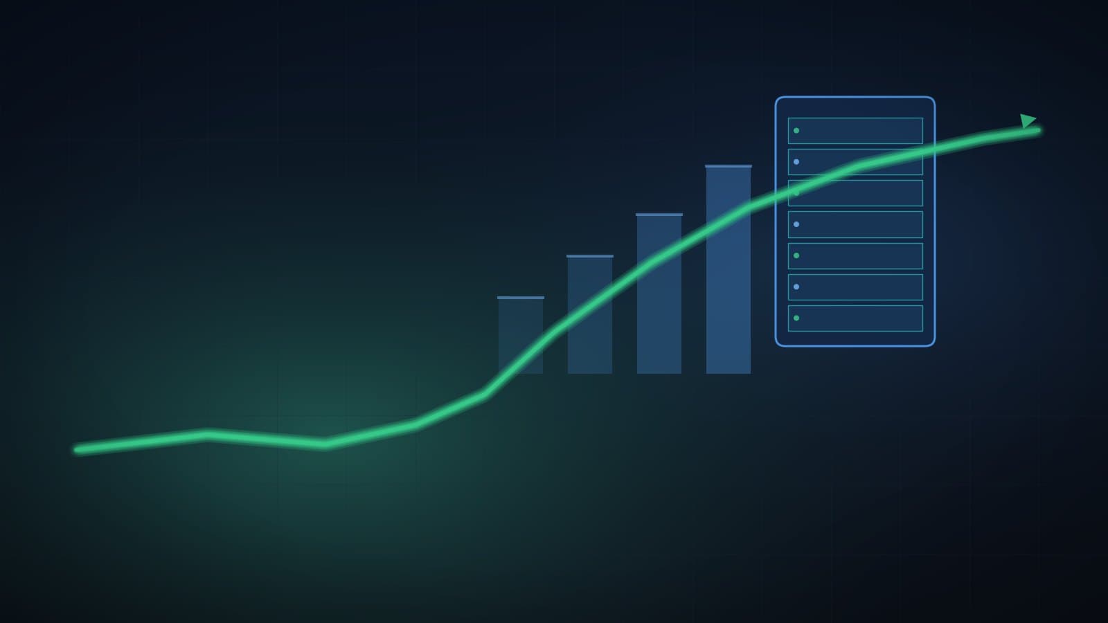 An abstract visualization of a rising stock chart over data-storage and server-rack motifs with an upward target ladder, in blue and teal tones, representing NetApp's rise on an analyst upgrade in an AI-storage re-rating.