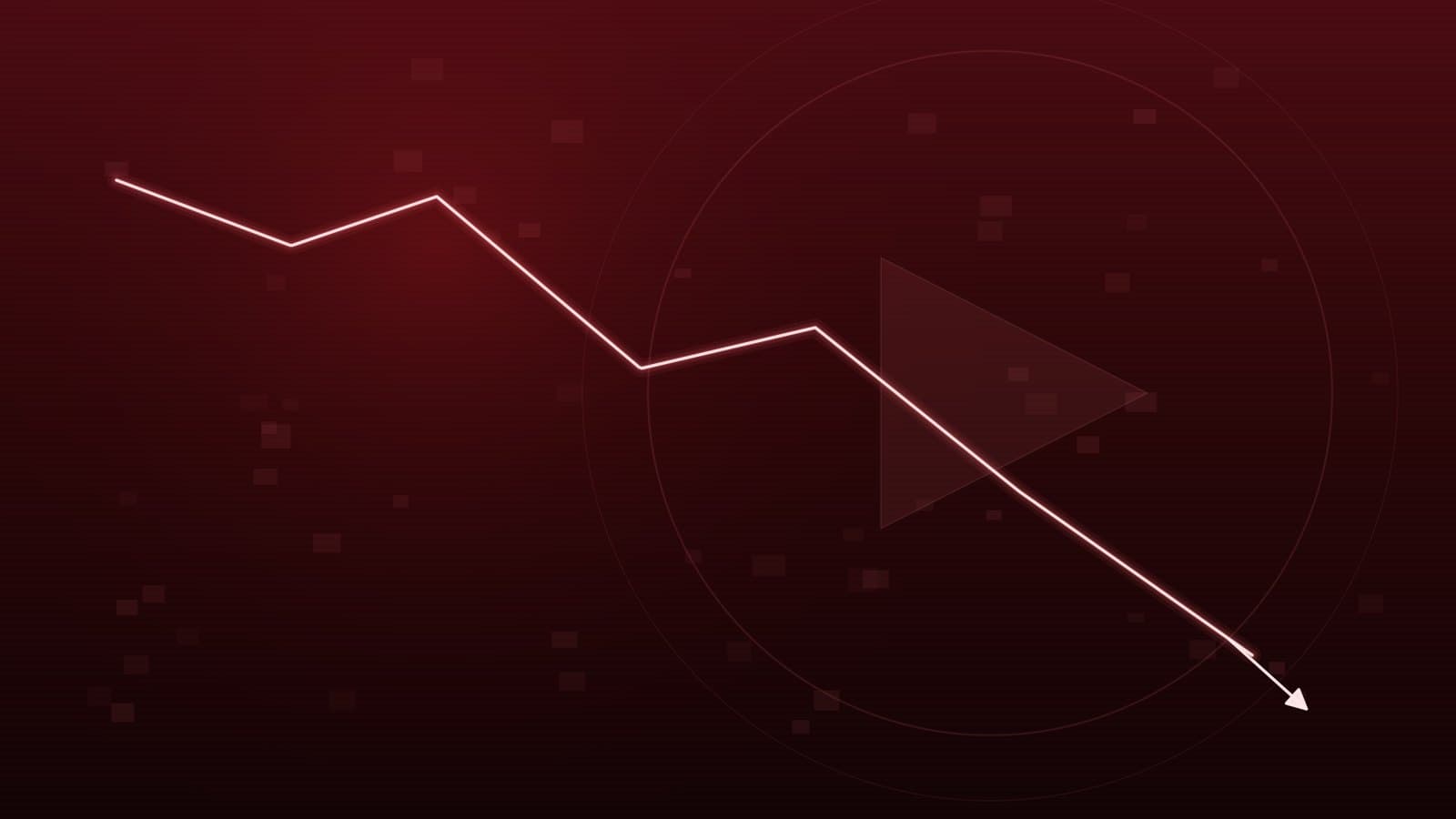 An abstract visualization of a declining stock chart over a stylized streaming-screen and play-button motif in deep red and slate tones, representing Netflix's drop on a Wells Fargo downgrade.