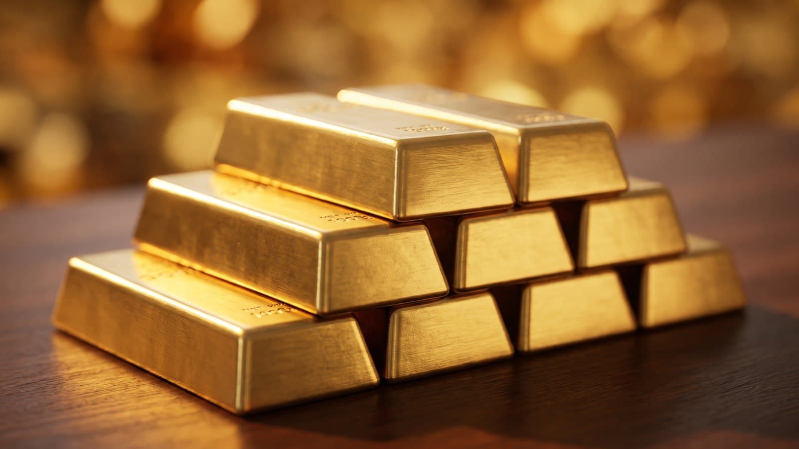 Stacked bars of pure gold bullion glinting under warm light, with a shallow depth of field, representing high gold prices and Newmont's gold-mining cash flow.