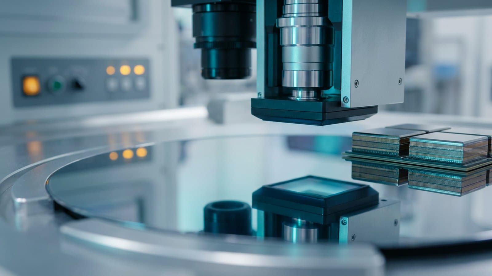 A semiconductor metrology and inspection tool in a clean-room fab environment, examining a stack of advanced-packaging chips and high-bandwidth memory, in cool blue and teal light.