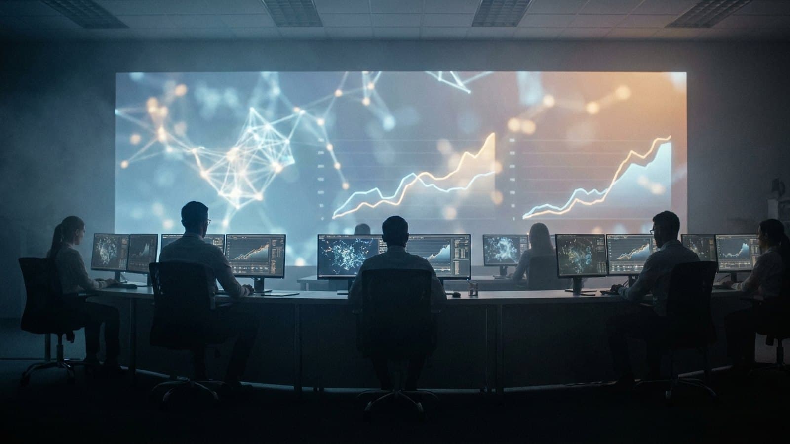 Analysts silhouetted at a long curved desk before a wall of glowing abstract network graphs and rising charts in a modern data operations center, illustrating Palantir's enterprise AI platform and its 27% share-price gain on August 4, 2026