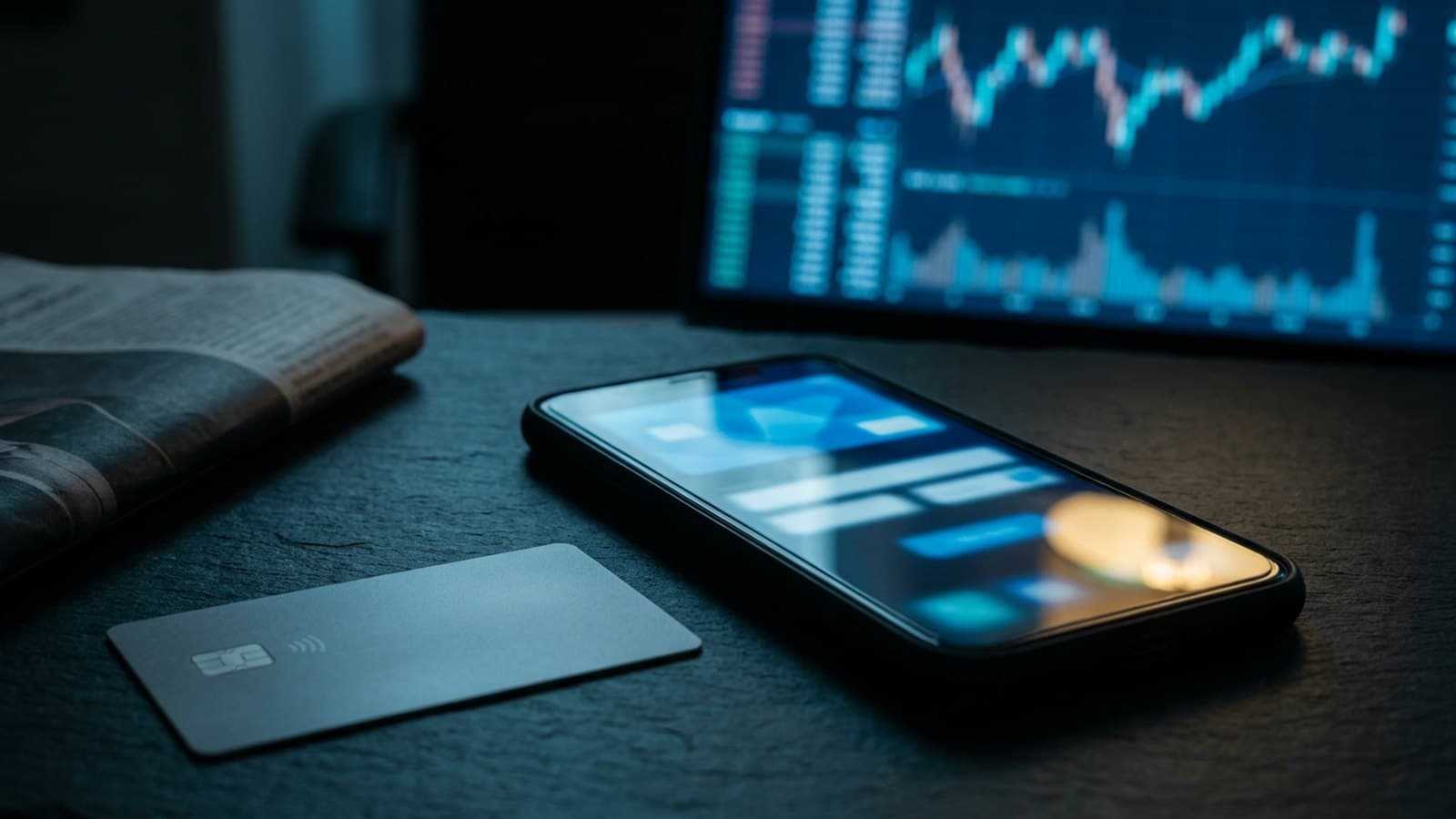 Editorial photograph of a smartphone glowing with an abstract blue payment checkout interface on a dark slate desk, an unbranded contactless card and a folded newspaper beside it, and a blurred financial trading terminal showing candlestick charts behind