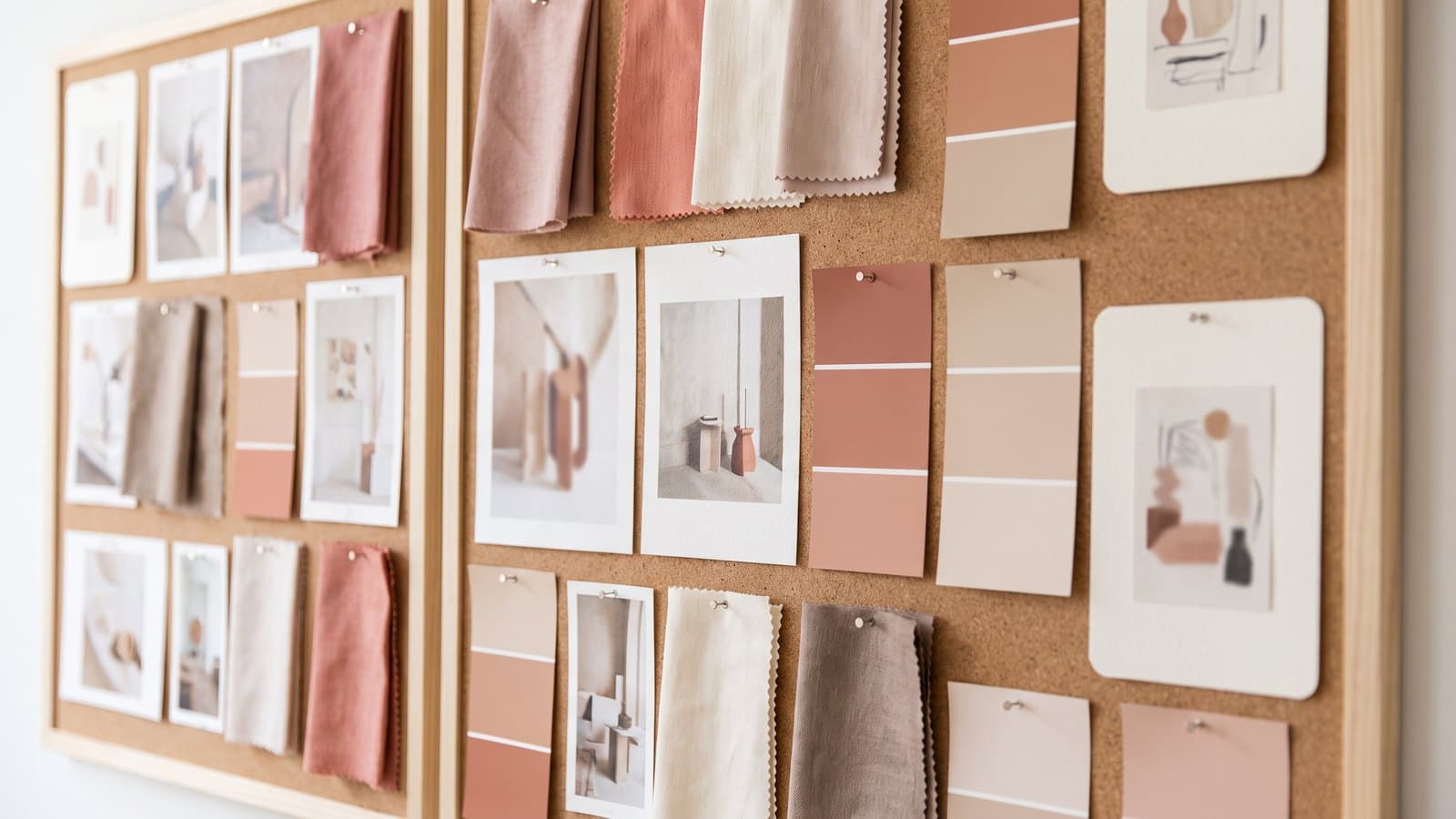 An abstract visual-discovery mood board — a grid of colorful pinned images and swatches on a wall — evoking Pinterest's image-driven social-media and advertising platform.