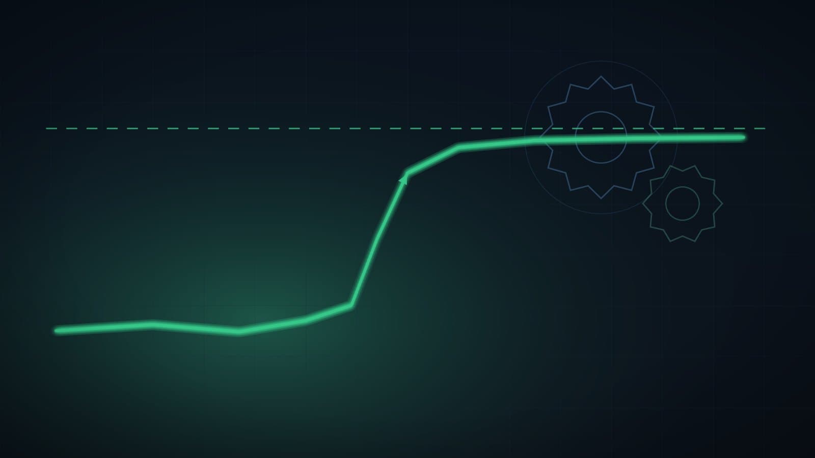 An abstract visualization of a sharply rising stock chart meeting a fixed price line, over engineering-software and product-design motifs in blue and green tones, representing PTC's jump on an all-cash takeover by Schneider Electric.