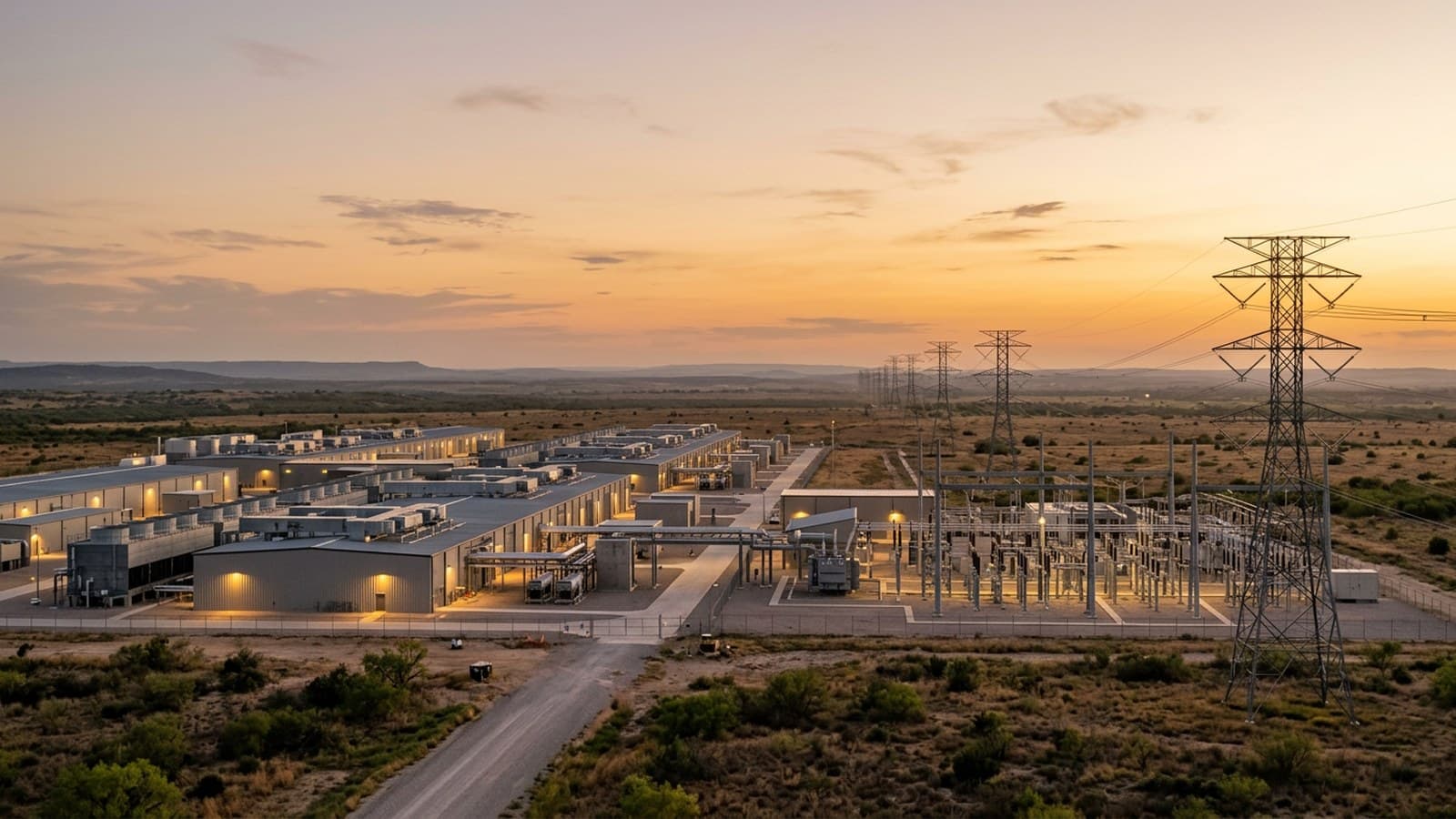 A large-scale data center campus on the flat Texas plains at dusk, with a high-voltage electrical substation and transmission towers carrying power lines to the horizon.