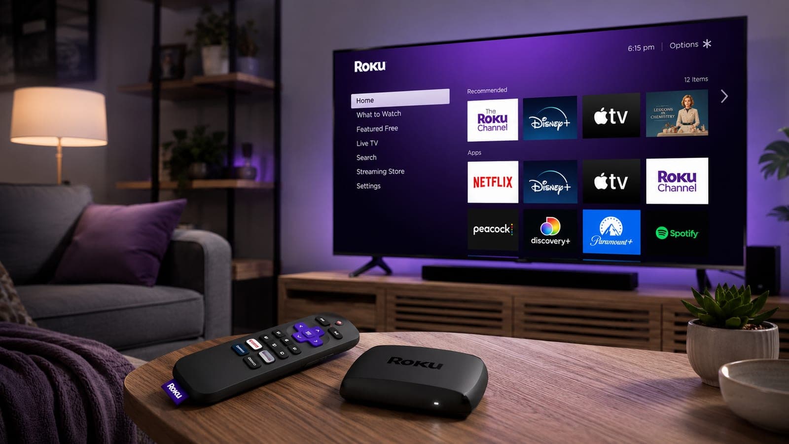 Roku streaming player and remote on a living-room table in front of a TV showing the Roku home screen with streaming app tiles.