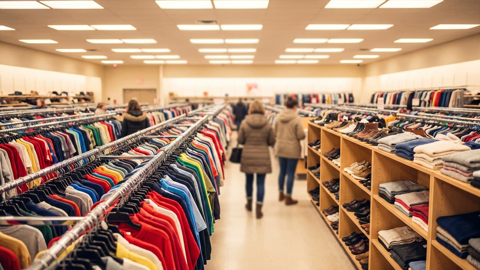 A bright, busy off-price discount apparel store interior with long racks of clothing and shoppers browsing bargains, representing Ross Stores' traffic-driven quarter.