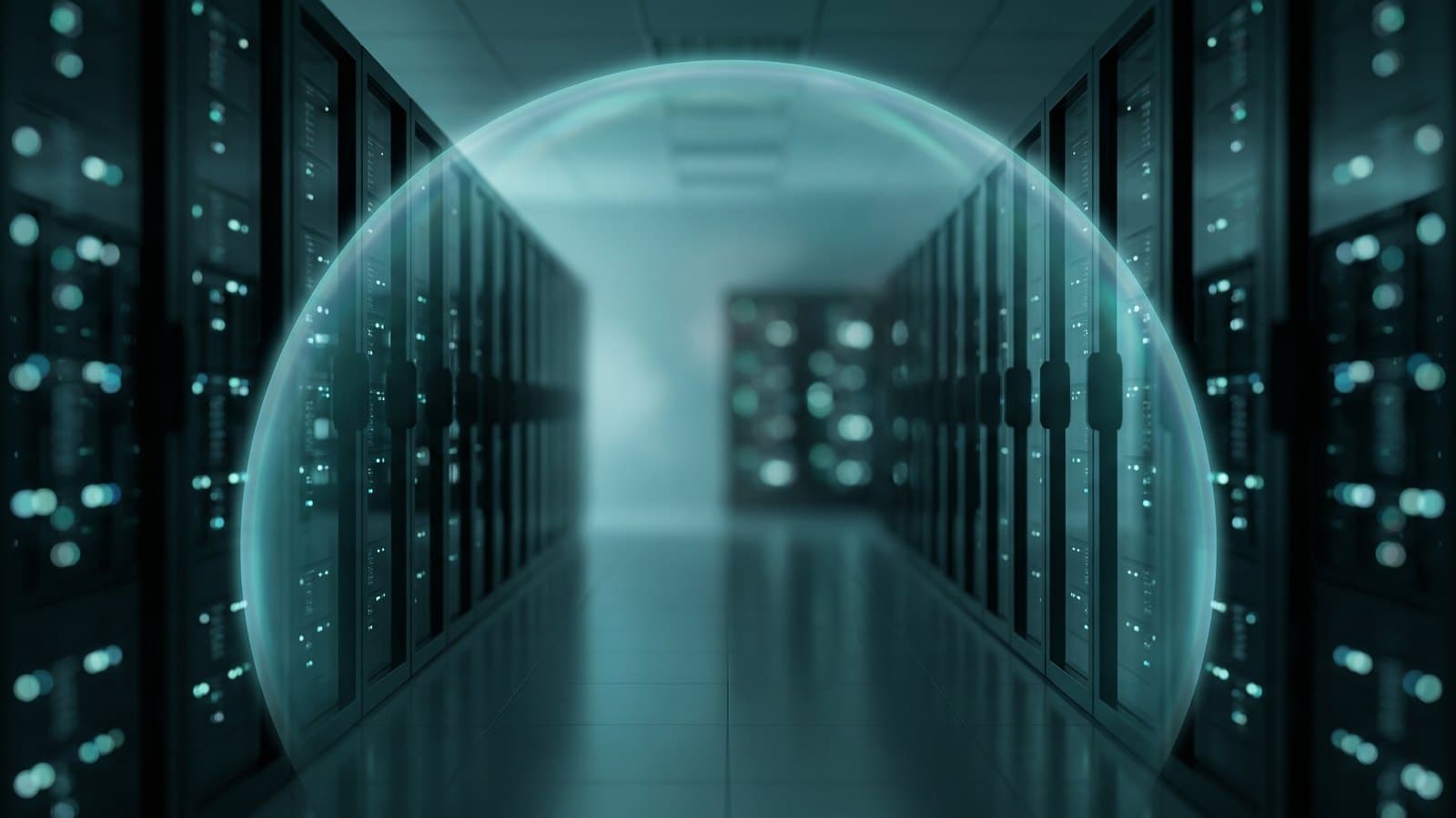An abstract representation of enterprise data security and cyber-resilience — a glowing shield over a server room — illustrating Rubrik's data-protection business.