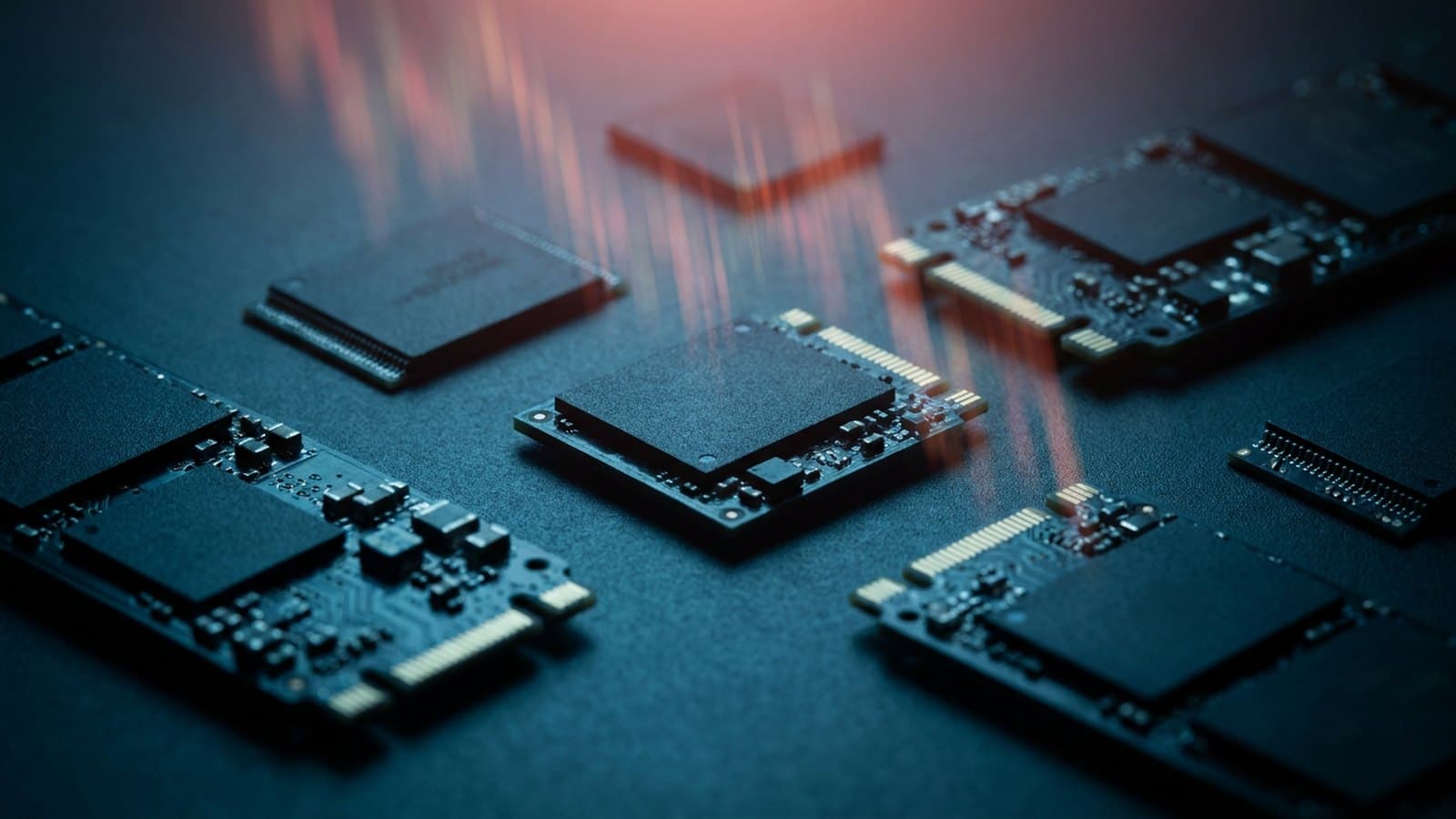 Editorial illustration of NAND flash memory chips and storage circuitry in a cool blue-teal palette, evoking a semiconductor market selloff